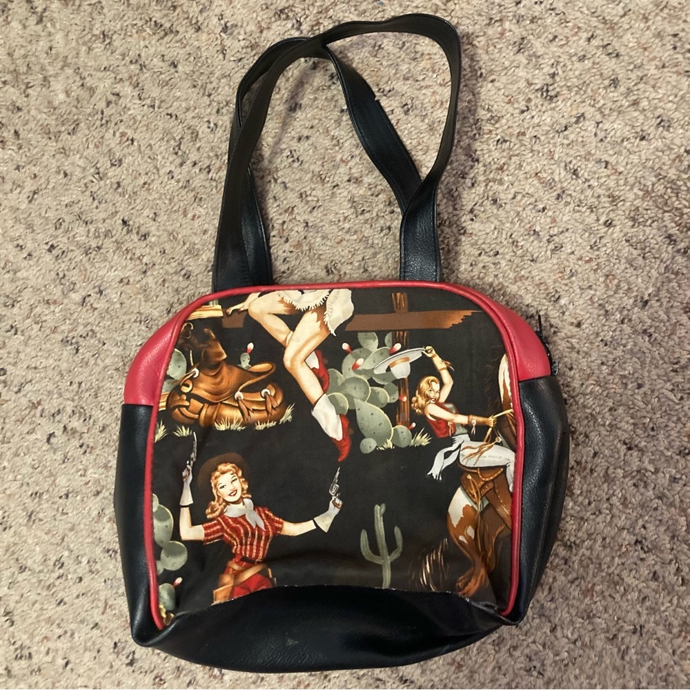Vintage 90s cowgirl pinup print fabric faux leather top handle handbag purse - Picture 2 of 8